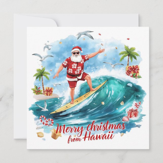 Surfing Santa in Hawaii – Tropical Christmas  Holiday Card (Front)