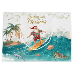 Surfing Santa is on big wave in Hawaii Large Gift Bag