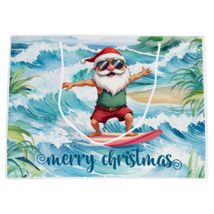 Surfing Santa is on big wave in Hawaii Large Gift Bag