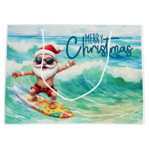 Surfing Santa is on big wave in Hawaii Large Gift Bag