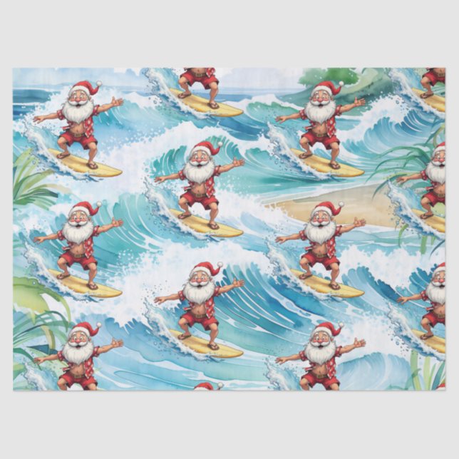 Surfing Santa is on big wave in Hawaii  Tissue Paper (Front)