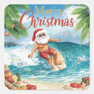 Surfing Santa Merry Christmas Coastal Holiday Square Sticker