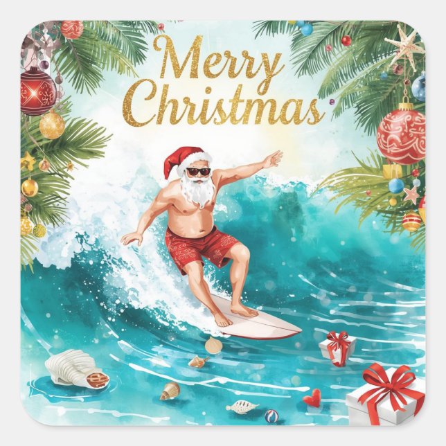 Surfing Santa Merry Christmas Coastal Holiday  Square Sticker (Front)