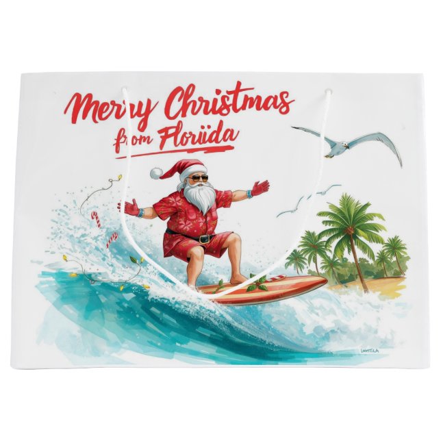 Surfing Santa Merry Christmas from Florida Large Gift Bag (Front)