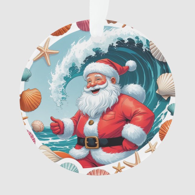 Surfing Santa Seashell Wave Acrylic Christmas Orna Ornament (Front)