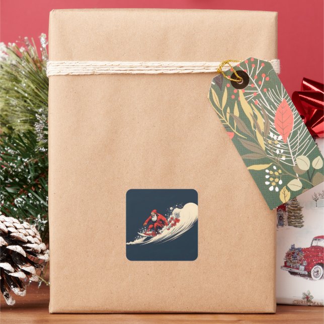Surfing Santa Summer Christmas Square Sticker (Holiday)