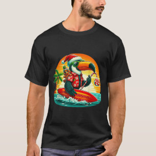 Surfing Santa Toucan And Funny Dog Trocal Christma T-Shirt