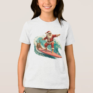 Surfing Santa Tropical Christmas Wave Tri-Blend Shirt