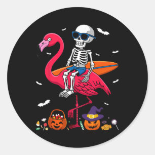 Surfing Skeleton Riding Flamingo Halloween Surfer Classic Round Sticker