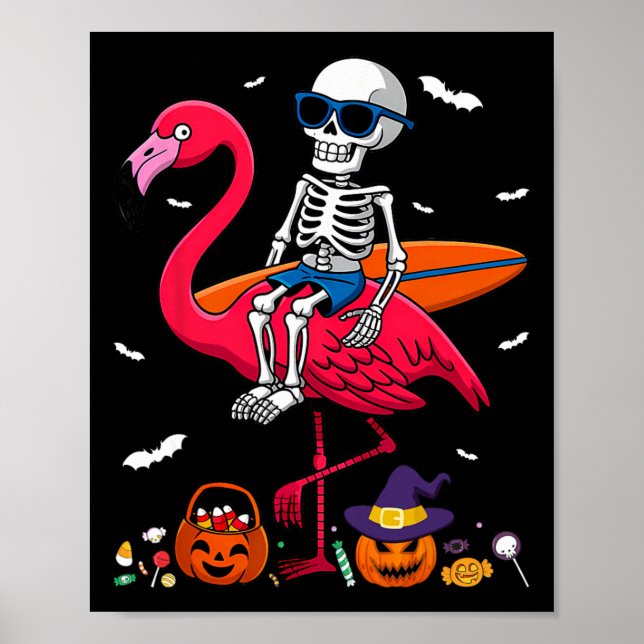 Surfing Skeleton Riding Flamingo Halloween Surfer  Poster (Front)