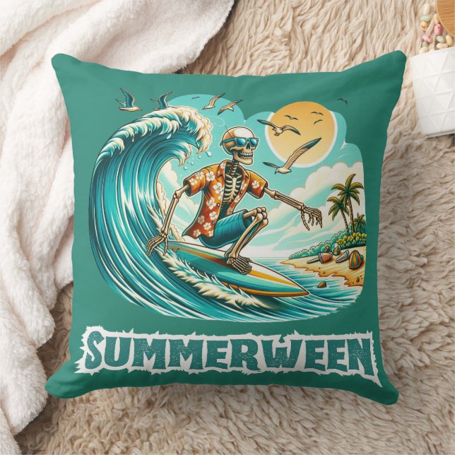 Surfing Skeleton Summerween Beach Vibes Cushion (Blanket)