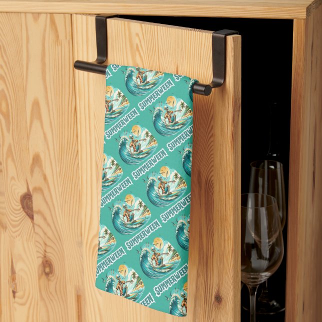 Surfing Skeleton Summerween Beach Vibes Tea Towel (Thirds Fold)