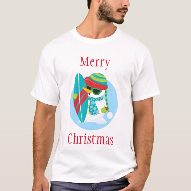 Surfing Snowman Merry Christmas T-Shirt (Front)
