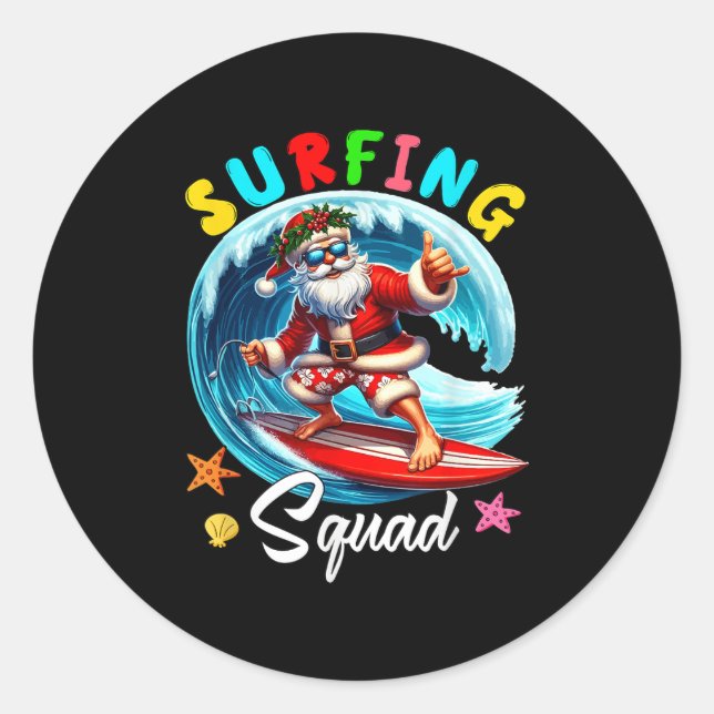 Surfing Squad Christmas In July Santa Hawaiian Fun Classic Round Sticker (Front)