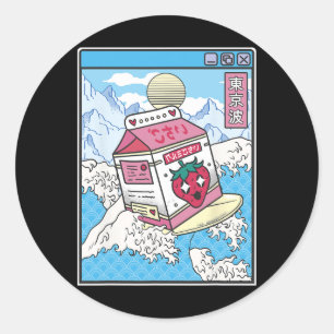 Surfing Strawberry Milk Carton Japan Wave Kawaii V Classic Round Sticker