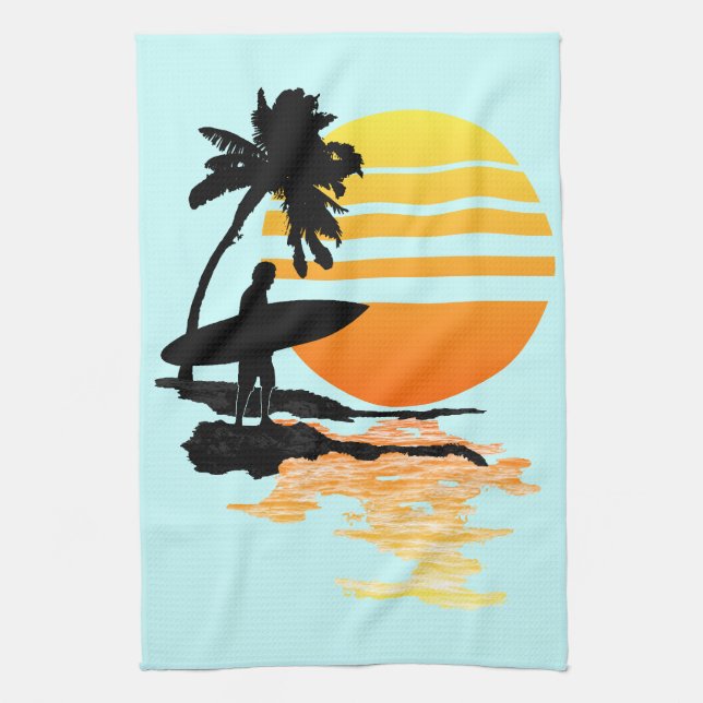 Surfing Sunrise Tea Towel (Vertical)