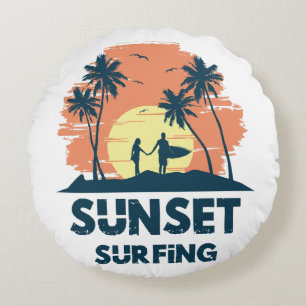 Surfing -Sunset Surfing Round Cushion