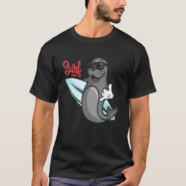 Surfing  Surf Seal Catroon Hang Ten Cool Tee (Front)