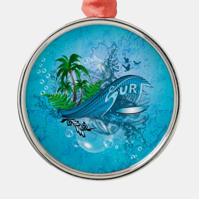 Surfing, surfboard with palm metal tree decoration (Front)