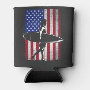 Surfing Surfer 4th of July USA American Flag For M Can Cooler