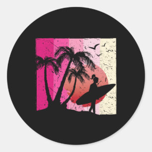 Surfing Surfer Girl Surfboard Sunset Palm Tree Classic Round Sticker