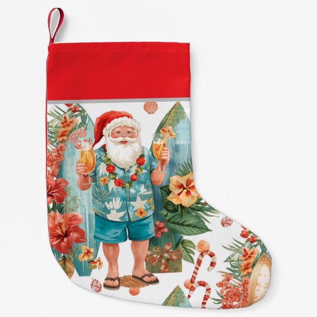 Surfing Surfer  Santa Christmas Party  Small Christmas Stocking (Front)