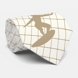 Surfing Surfer Surf Board on Tan Check Necktie