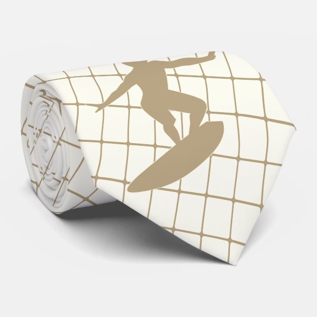 Surfing Surfer Surf Board on Tan Check Necktie (Rolled)