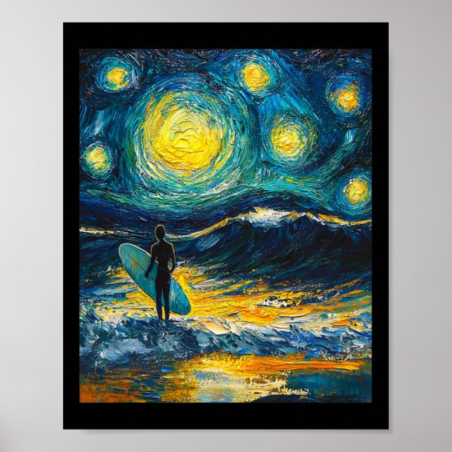 Surfing Surfer Surfboard - Van Gogh Style - Starry Poster (Front)