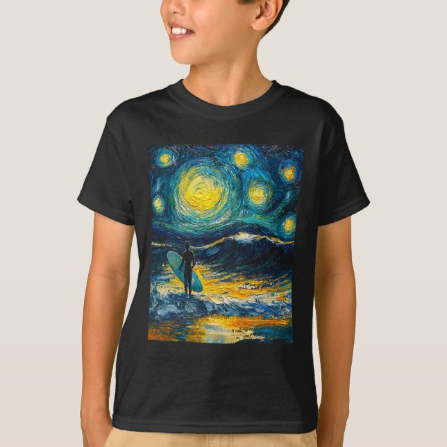 Surfing Surfer Surfboard - Van Gogh Style - Starry T-Shirt (Front)