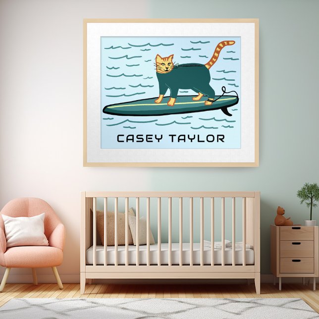 SURFING Tabby Cat Funny Cute CUSTOM NAME Nursery  Poster (SURFING Tabby Cat Funny Cute CUSTOM NAME Nursery Poster - personalize w your own text or baby name)