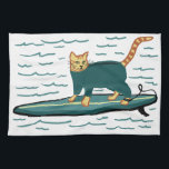 Surfing Tabby Cat Tea Towel<br><div class="desc">CHECK MEOWT! Decorate your kitchen with this funny cat towel. Makes a great housewarming or birthday gift for that cat lover in your life! Or the surfer! Customise it with your own text if you like.
Check my shop for more matching stuff like mugs and stickers!</div>