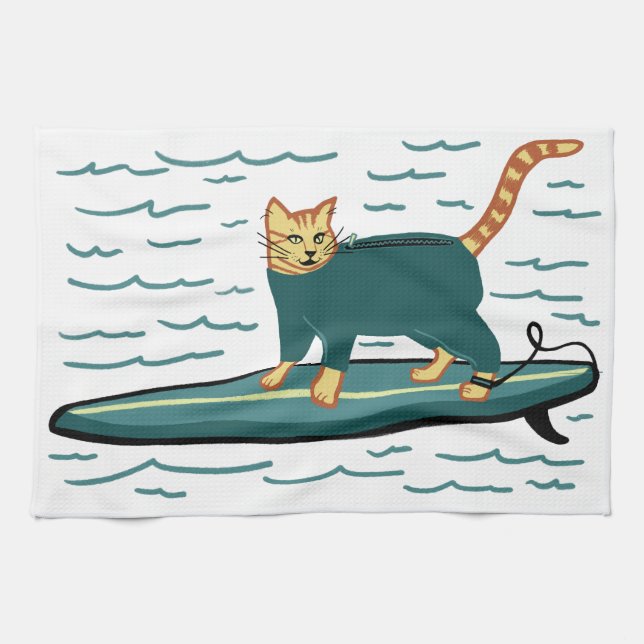 Surfing Tabby Cat Tea Towel (Horizontal)