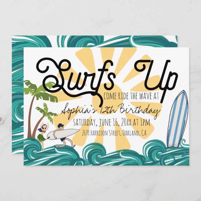 Surfing Themed Birthday Invitation (Front/Back)