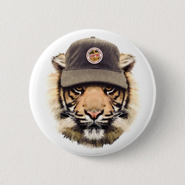 Surfing Tiger 6 Cm Round Badge (Front)