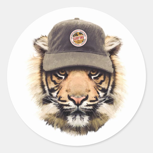 Surfing Tiger Classic Round Sticker (Front)