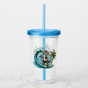 Surfing tropical dinosaur acrylic tumbler