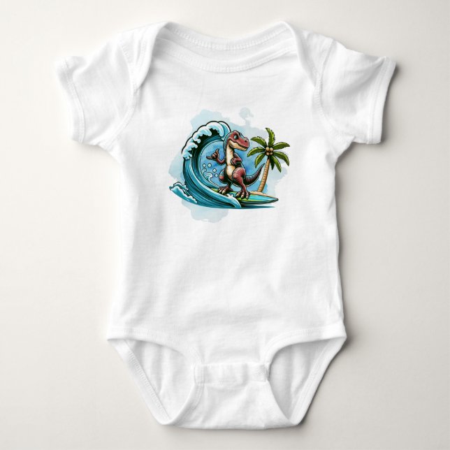 Surfing tropical dinosaur baby bodysuit (Front)