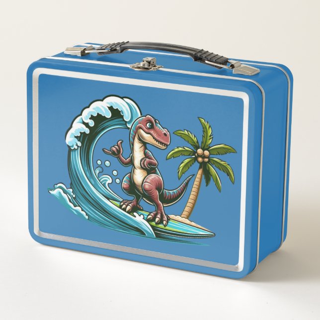 Surfing tropical dinosaur metal lunch box (Front)