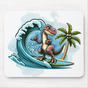 Surfing tropical dinosaur mouse pad