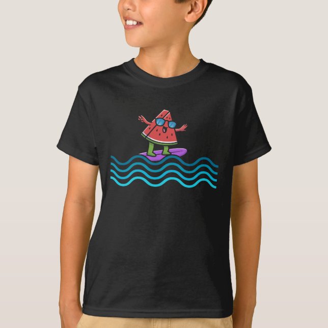 Surfing Watermelon Summer Funny Beach Melon Surfer T-Shirt (Front)