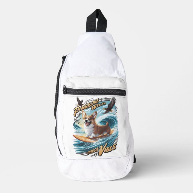 Surfing Welsh Corgi Catching Big Wave Sling Bag (Front)