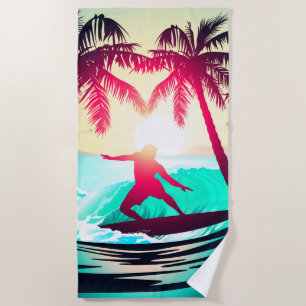 Surfing with palm trees beach towel