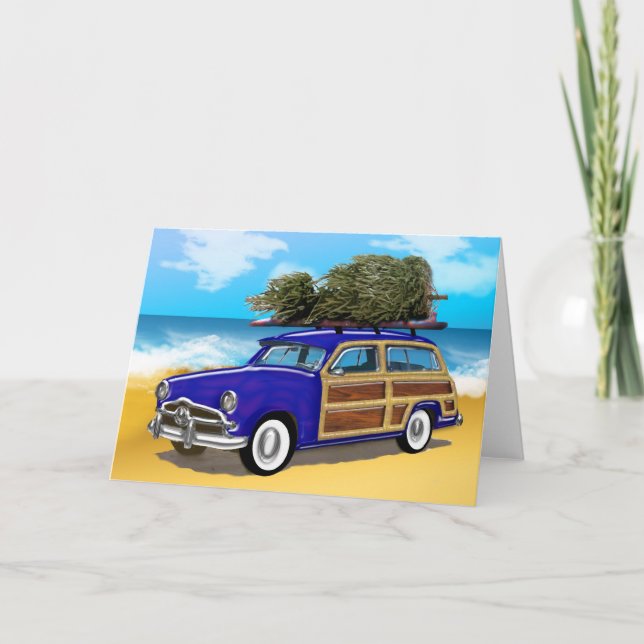 Surfing Woodie with Christmas Tree Holiday Card (Front)
