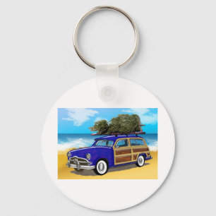 Surfing Woodie with Christmas Tree Key Ring