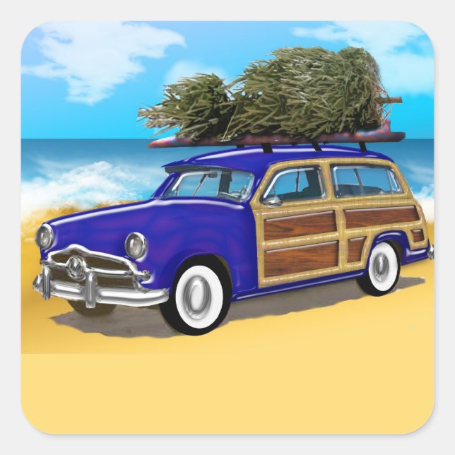 Surfing Woodie with Christmas Tree Square Sticker (Front)