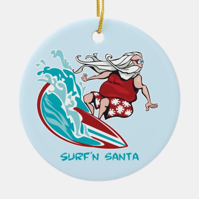 Surf'n Santa Ceramic Tree Decoration (Front)
