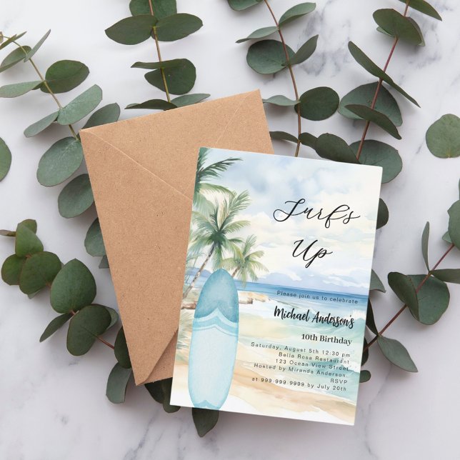 Surf's up beach surfboard boy birthday party invitation (Creator Uploaded)
