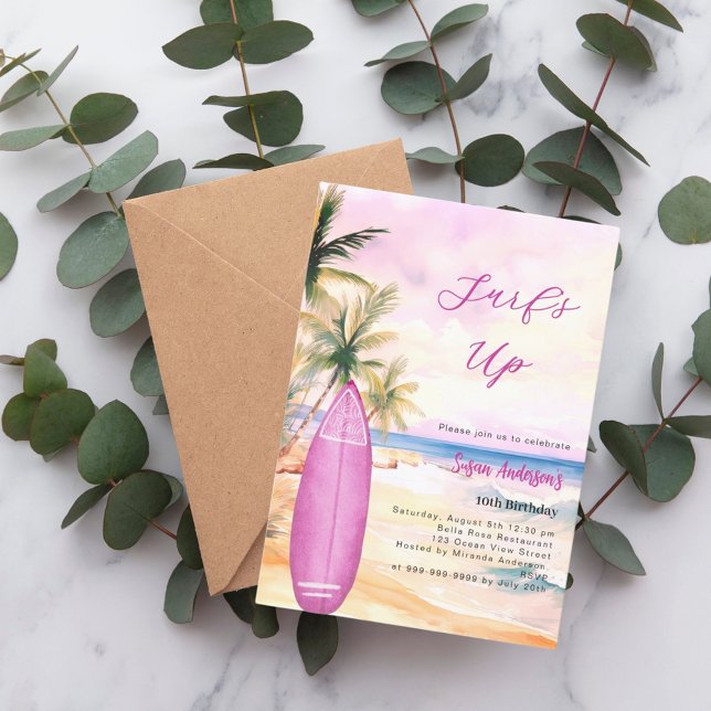 Surf's up beach surfboard pink girl birthday party invitation (Creator Uploaded)