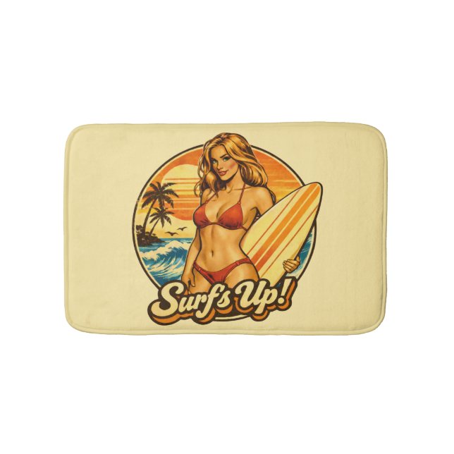 Surf's Up Bikini Pin-Up | Retro Surf Shop Graphic Bath Mat (Front)